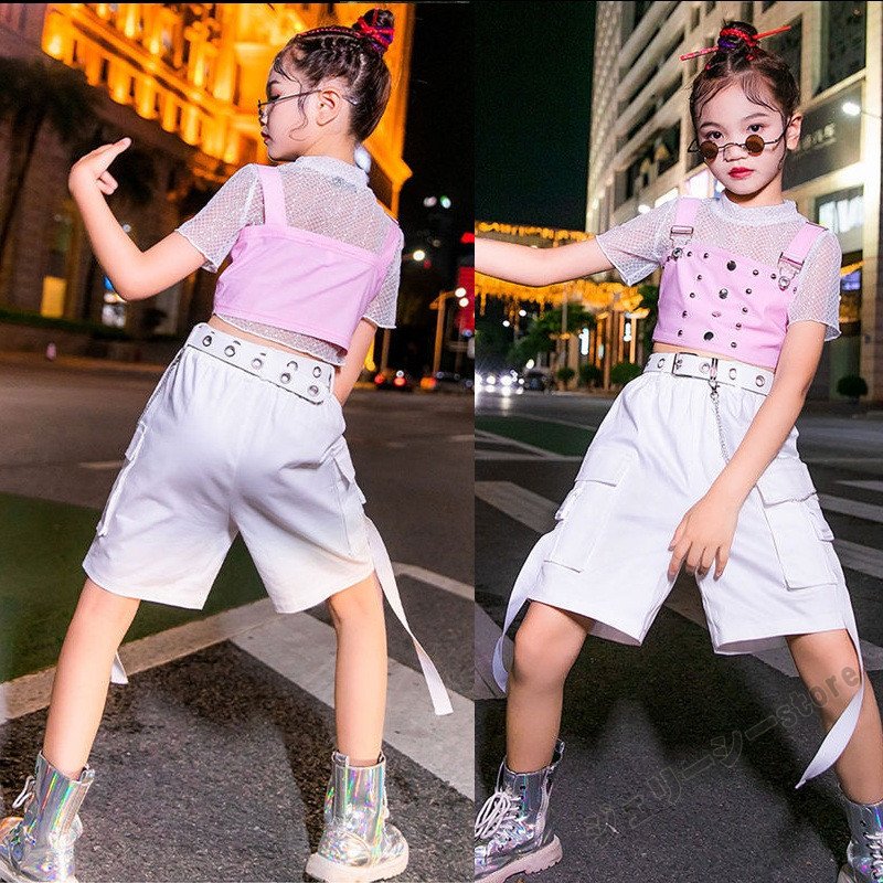 hot!!!キッズ ダンス衣装 ヒップホップ HIPHOP 子供 女の子 ダンス ホワイト 半袖 ロングパンツ
