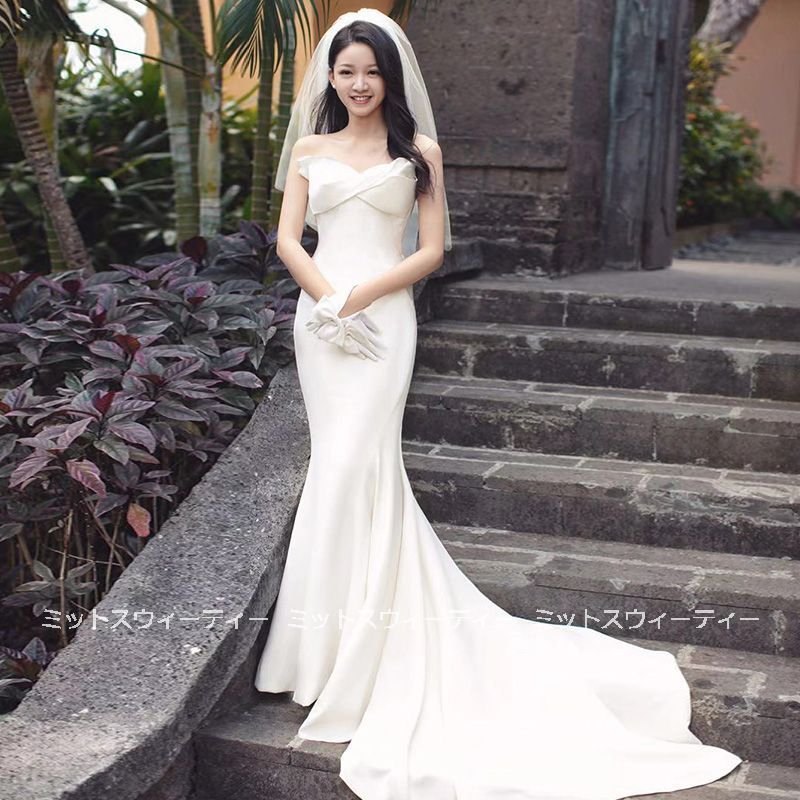 ウェディングドレス 結婚式 花嫁 サテン フランス風 ビスチェ カクテルドレス イブニングドレス パーティードレス 白 エレガンス ブライダル スレンダードレス