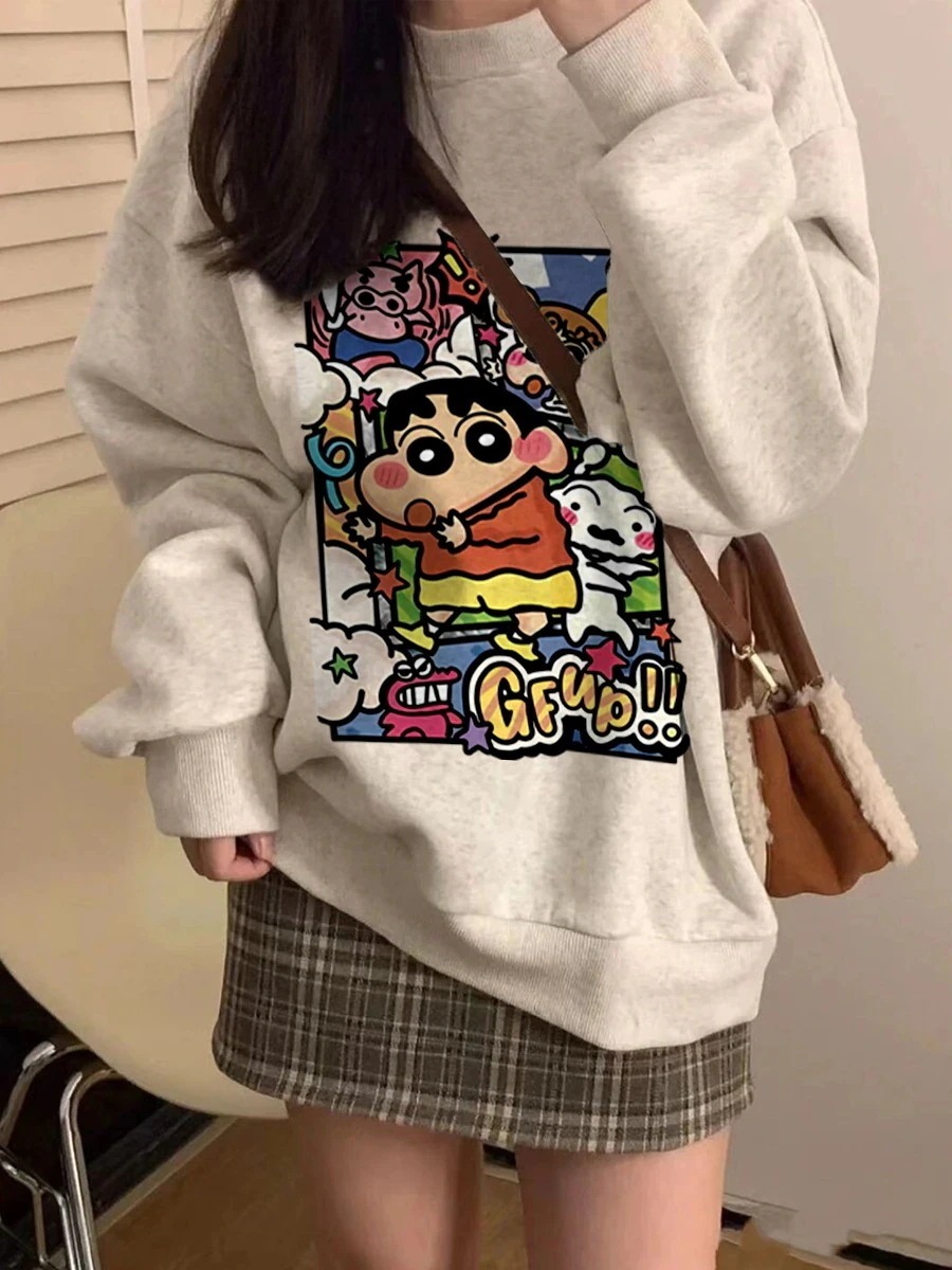 大好評 香港風insベルベット厚手丸首ガーディアンアニメプリントクレヨン小新ゆるいカジュアルコート潮