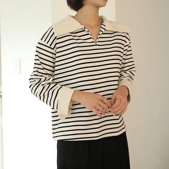 [韓国ファッション] バイカラー襟付き ボーダー柄 ロングスリーブTシャツ