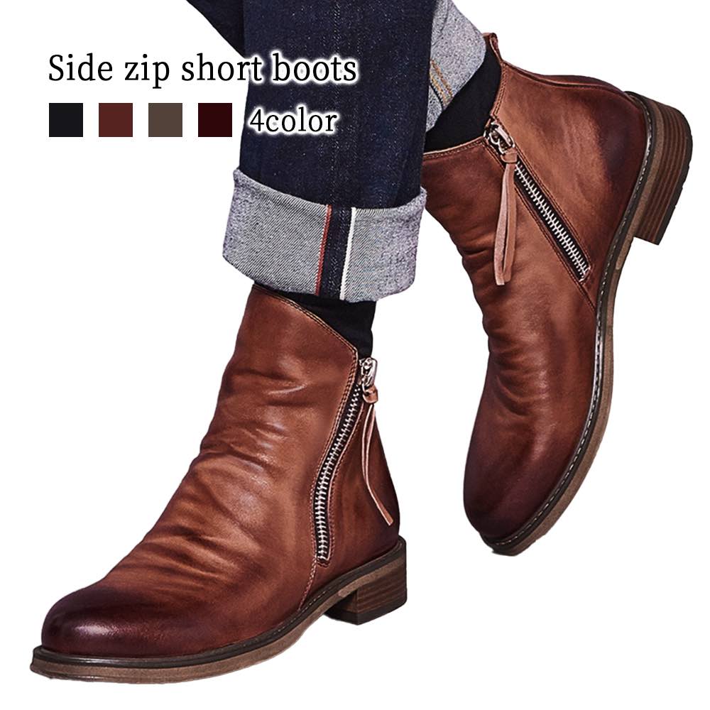 ブーツ メンズ サイドジップショートブーツ ブーツ 黒 秋 革 幅広 ファスナー 防寒 あったか ルーム スエード 暖かい 靴 フロント 防水 ブランド 春 冬 シューズ ワーク 軽い 完全 夏 サイ 4,944円