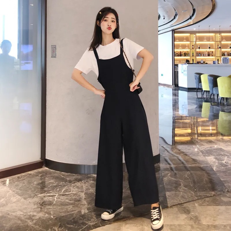 オーバーオール パンツ ボトムス Tシャツ カジュアル ブラック 黒 9分丈 袖なし ノースリーブ 大人女子 大人 上品 おしゃれ デイリーウェア レトロ レトロ風 こなれ感 ルーズ シルエット