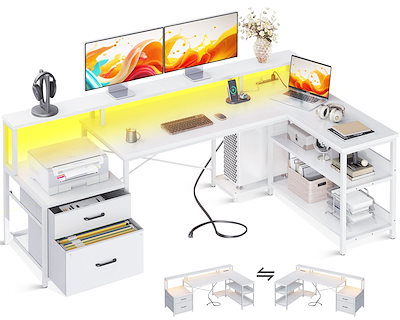 PCデスク パソコンデスク ワークデスク 机 棚 引き出し スライダー ブラック | ラック付きデスク 引き出し付 ナチュラル 棚付きデスク