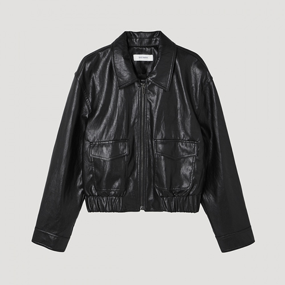 [シャインミス] フェイクレザーバンディングフラップポケットジャンパー_SWWJPP12050_BK