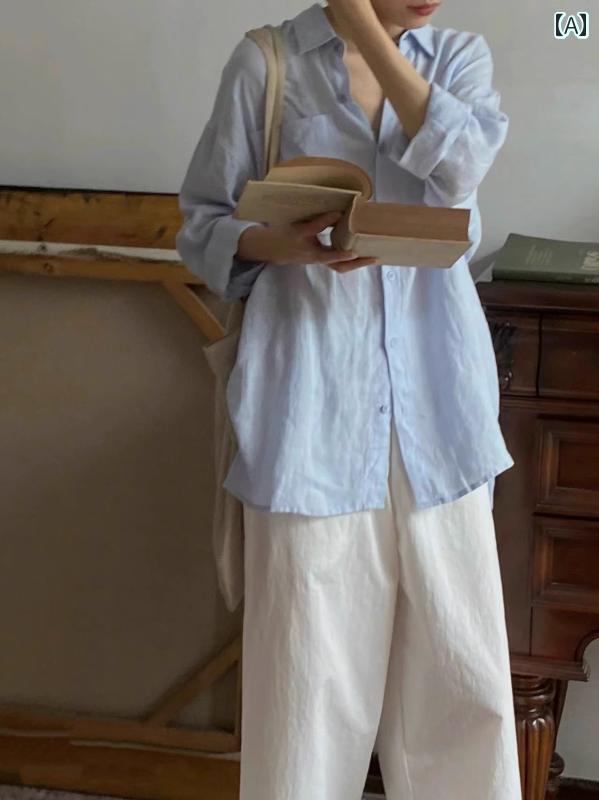 レディース　　シャツ　トップス Youshe レトロ ガール ベビー ブルー フレンチ リネン リラックス シャツ ボーイフレンド バケーションスタイル夏 6,230円