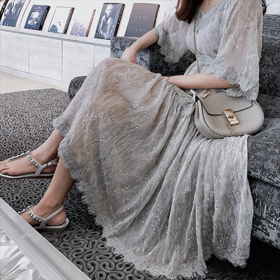 ロングドレス ワンピース ドレス dress 衣装 パーティドレス ロング ロング丈 マキシ マキシ丈 袖あり フレア袖 フレアスリーブ 半袖 ラウンドネック Aライン フレア レース