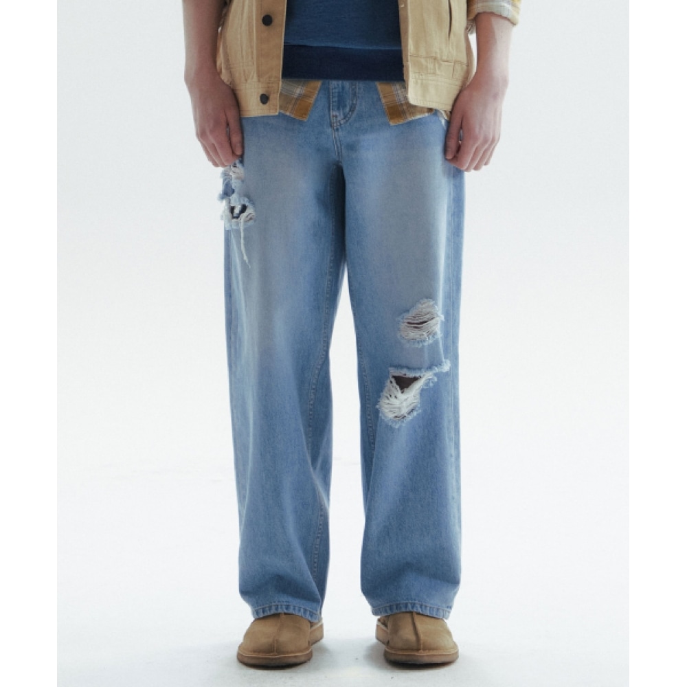 CHOWOO ディストレストカッティングデニムパンツ-ブルー(男)