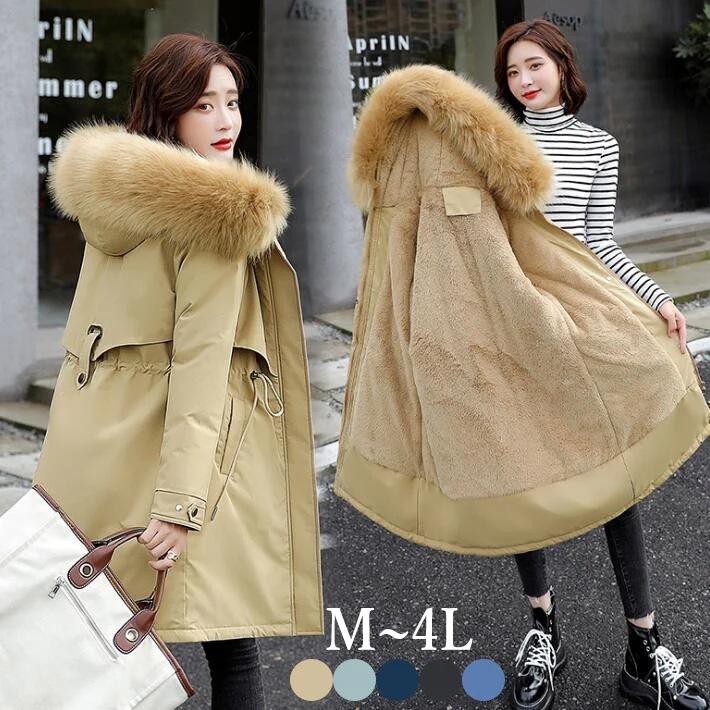 裏ボア　ふわふわ　もこもこ 防寒 　中綿コート ダウン　コート　レディース 綿入れ　中綿 コート　中綿モッズコート　フード付き ファー付き 　大きいサイズ　ミディアム丈　温かい　軽量　冬　 M L 2