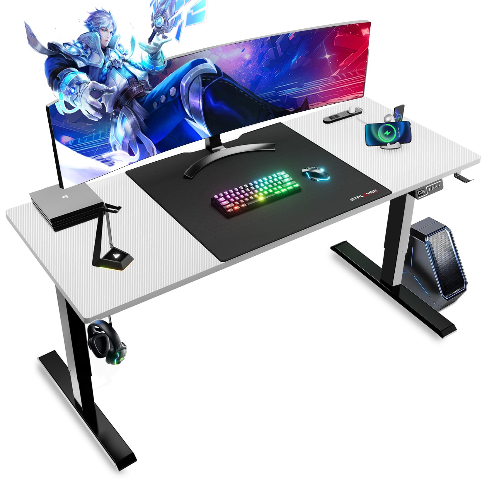 ゲーミングデスク パソコンデスク pcデスクローデスク 電動 昇降式デスク 静音 速い 安定昇降 デスクマット付き フック付き ケーブルマネージャー付き コンセント付き 耐荷重80 22551