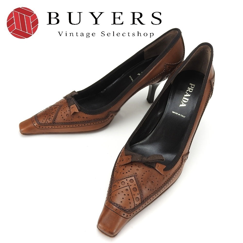 中古 パンプス 35 レザー ブラウン リボン ポインテッドトゥ 約22cm レディース 女性