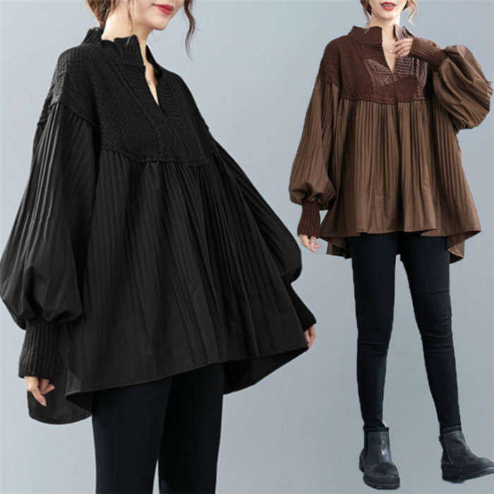 【急速出荷】ニット切り替えシャツブラウス 長袖 レディース シャツ ブラウス トップス ギャザー 大きいサイズ フレア オフィス 通勤 体型カバー 秋 冬 チュニック 20代 30代