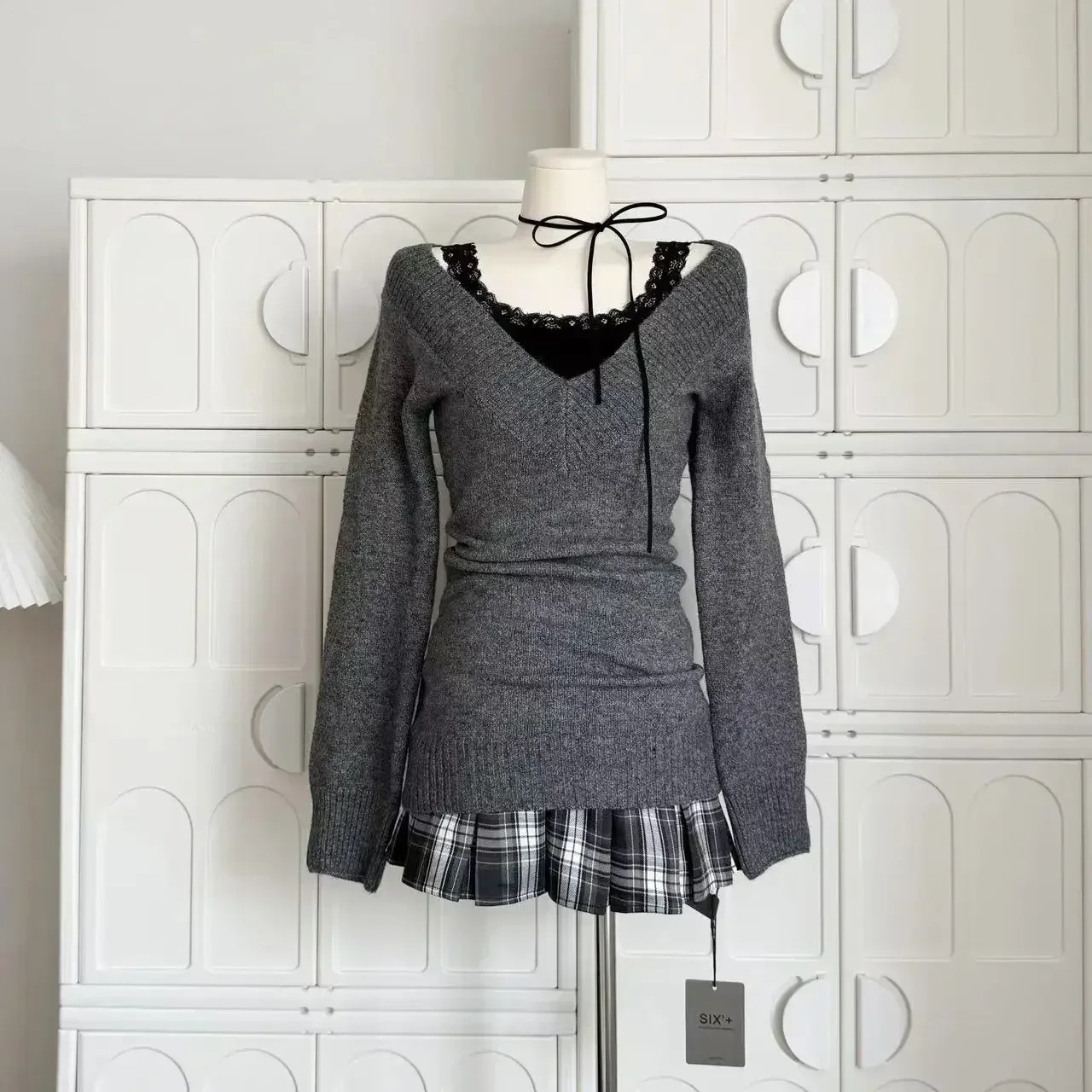 女性用長袖セーターとレーススカート,3ピースセット,エレガント,フレンチ,レトロ,ヴィンテージ,モノクロ,レース,カジュアルベスト,シック,y2k,秋,2024 - 20000