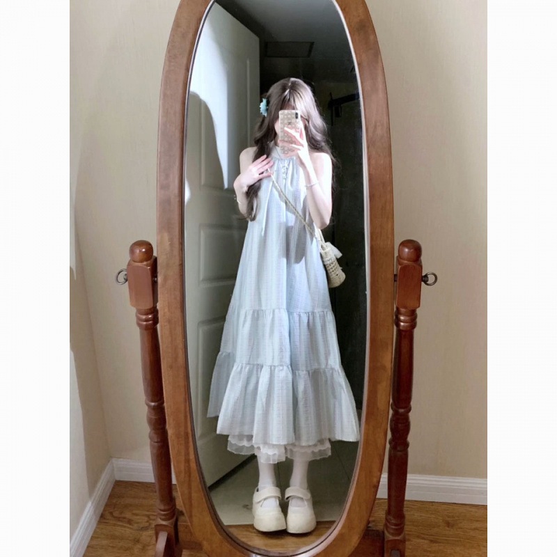 夏新鮮なチェック柄優しい痩身ロングスカート海辺休暇リボンルーズタイドレス