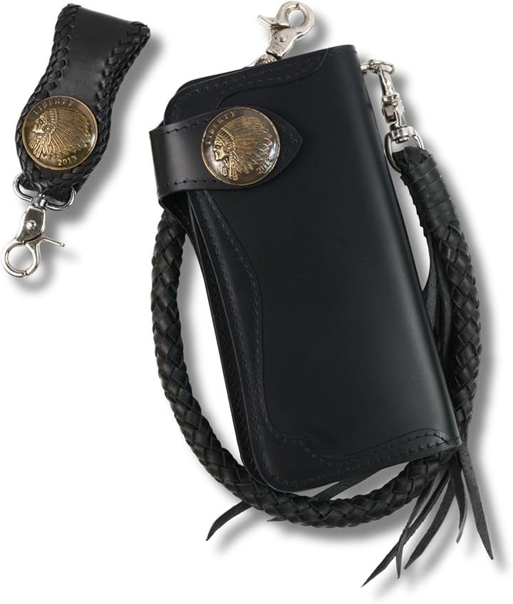 バイカーズウォレット 長財布 ウォレットチェーン ドロップハンドル ベルトループ セット ライダースウォレット レザーウォレット 二つ折り メンズ 本革 (ブラックxゴールドインディアン)