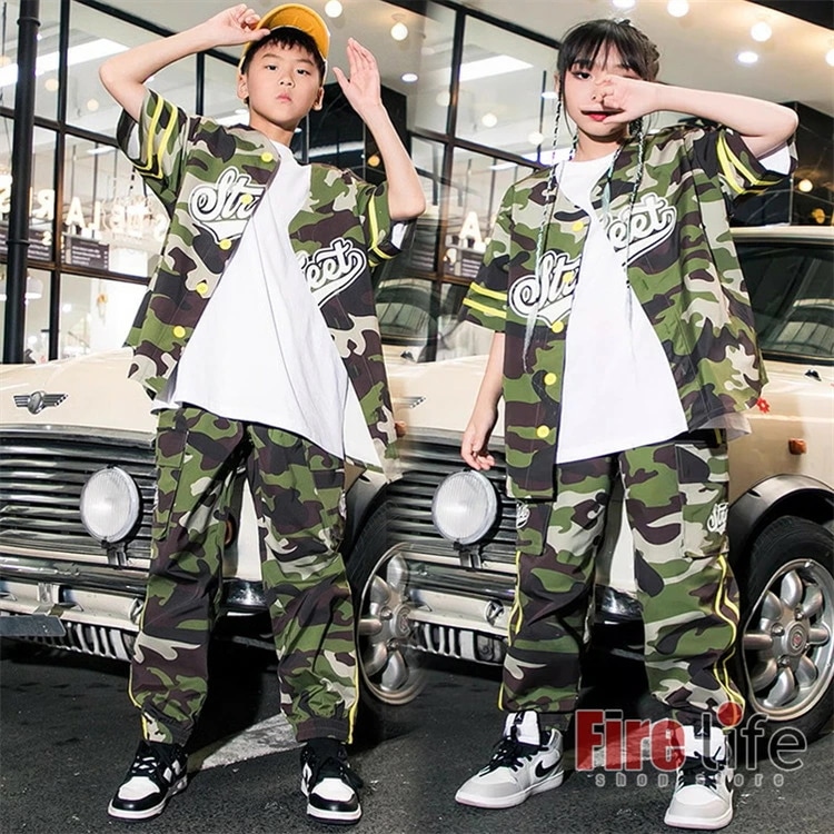 ダンス衣装 キッズ セットアップ ヒップホップ スカジャン 迷彩 半袖ジャケット ロングパンツ 子供服 男の子 女の子 hiphop 応援団 演出服 練習着 ステージ衣装120～170cm