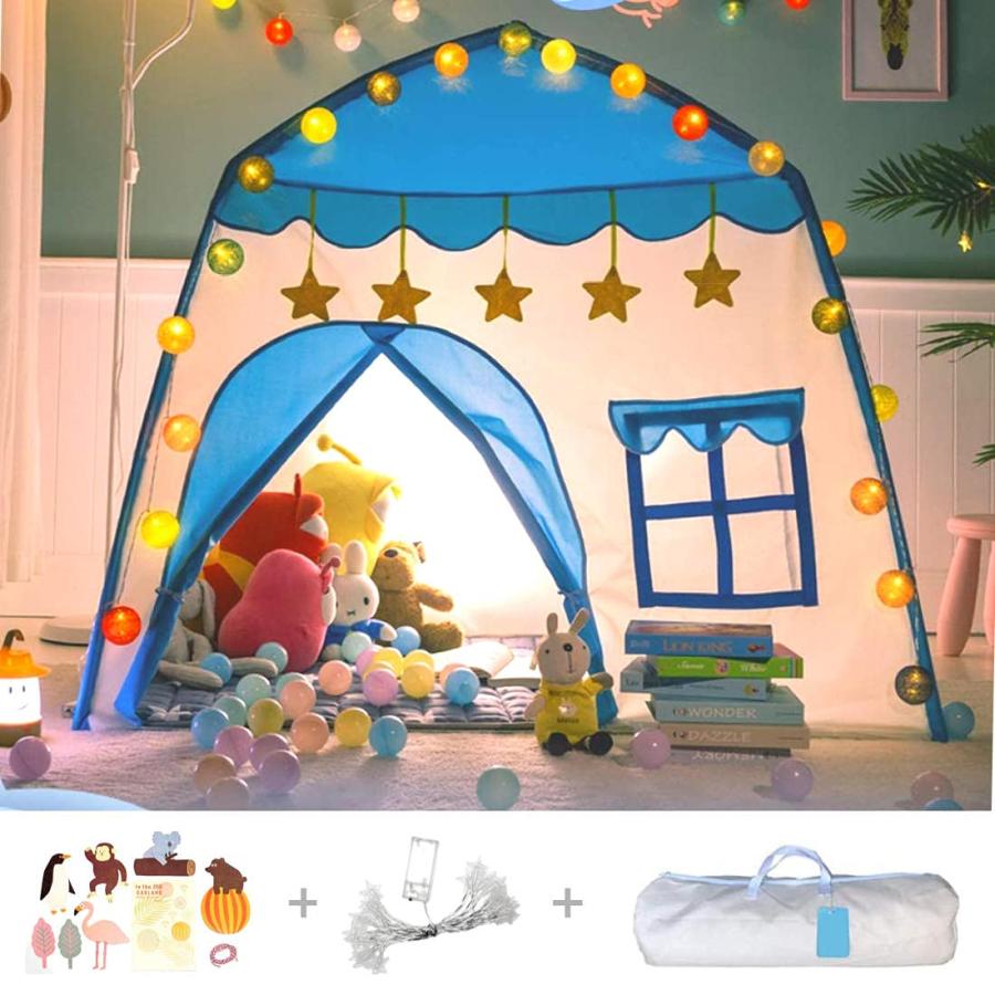 キッズテント 子供用テント ボールハウス こどもの日 室内 LEDライト飾り収納バッグ付き 折り畳み式 収納簡単 誕生日 入園祝い 出産祝いプレゼントに最適 (ブ
