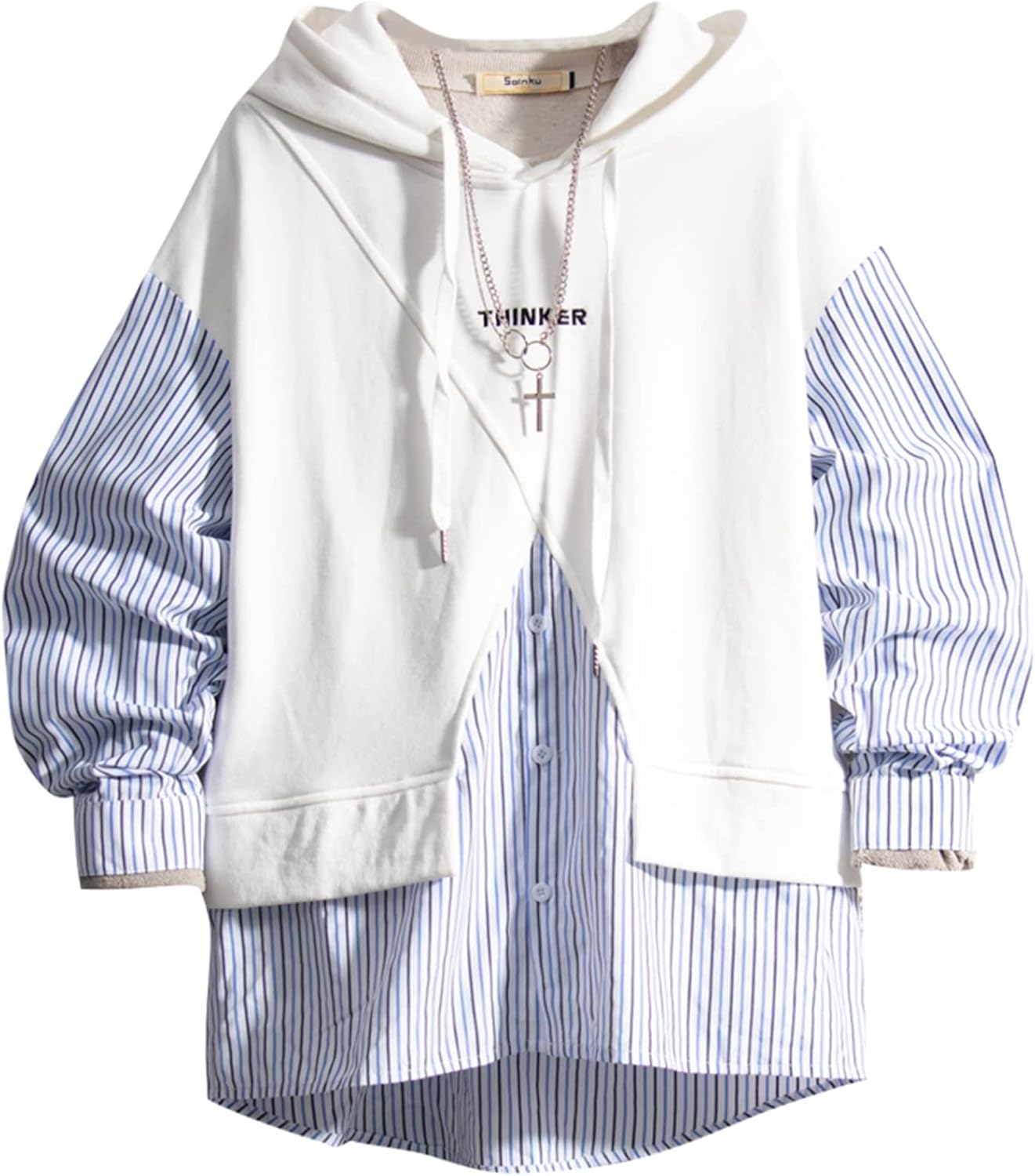 春物 アウター 男性用 長袖 パーカー 切り替え フェイクレイヤード フード付き 個性的 プルオーバー 流行し 通気 伸縮性 体型パカー トップス トレーナー 柔らかい 丈長め カジュアル