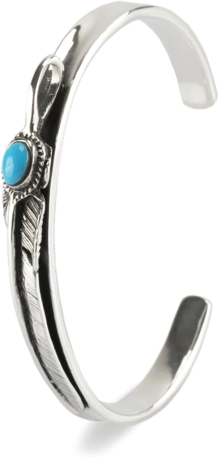 sv925 シルバー バングル ブレスレット サイズ 調整 可能 ターコイズ フェザー シルバー925 羽根 シンプル メンズ レディース(シルバー, ミディアム)