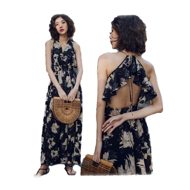背中開き マキシ丈ワンピース L即納 他予約 S-XL 大きいサイズ レディース マキシワンピース ロングワンピース BHZ180621-0476 花柄 Vネック ホルターネック 旅行 夏 7,039円