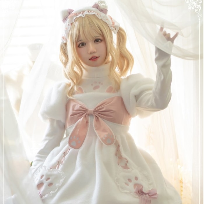 ロリィタ ワンピース 半袖 秋冬 あったか ボア 甘ロリ 肉球 ネコ 猫耳 リボン ゆめかわ ふわもこ もこもこ 姫系 防寒 冬 モコモコ 日系 ソフトガール 可愛い ロリータ パフスリーブアウター