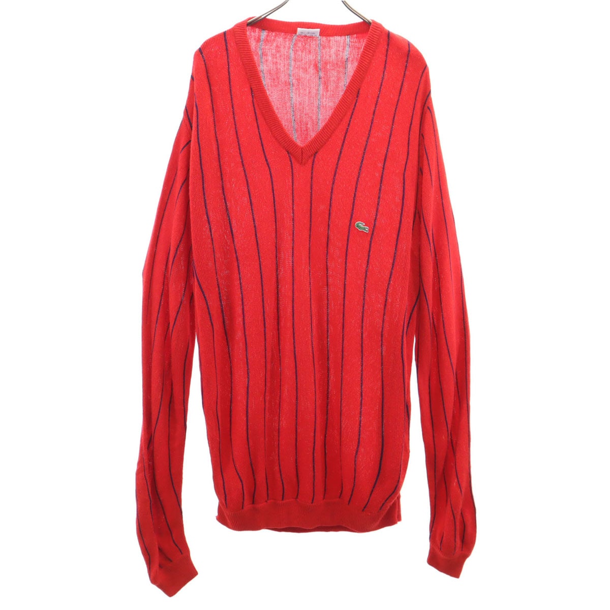 CHEMISE LACOSTE シュミーズラコステ 70s ヴィンテージ フランス製 フレンチラコステ ストライプ柄 長袖 Vネック セーター レッド メンズ 古着