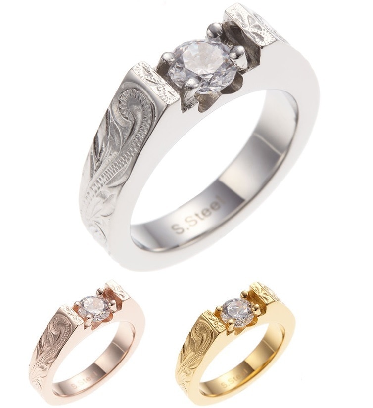 リング レディース メンズ サージカルステンレス製 キュービックジルコニア ハワイアンジュエリー ハワジュ 一粒石 一粒リング 波 スクロール 葉 マイレ シンプル 華奢 お肌に優しい 金属アレルギー