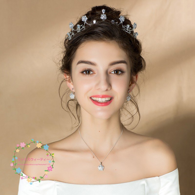 ティアラ クラウン ネックレス ピアス/イヤリング 3点セット 結婚式 髪飾り 花嫁 パーティー 披