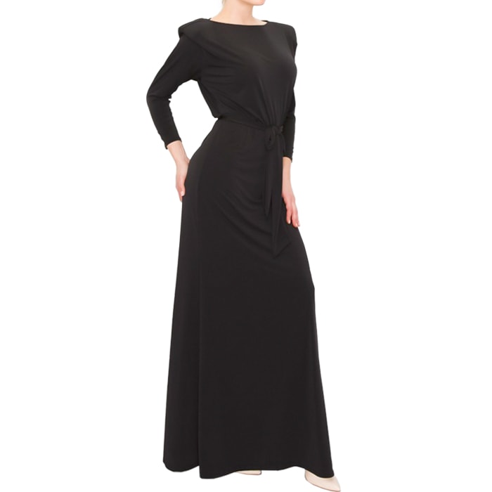 ワンピース 長袖 パッドショルダー マキシワンピ LAインポート 無地 S.M.L.XL ブラック MADE IN USA JN220728LA037