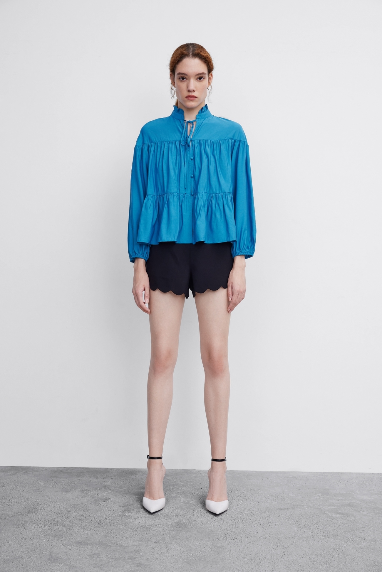 秋 レディース フレンチ ラミネート カーディガン シャツ ブルー アイボリーホワイト XS S M L XL トップス 袖あり 長袖 ハイネック かわいい 大人可愛い きれいめ シンプル 大人 上品