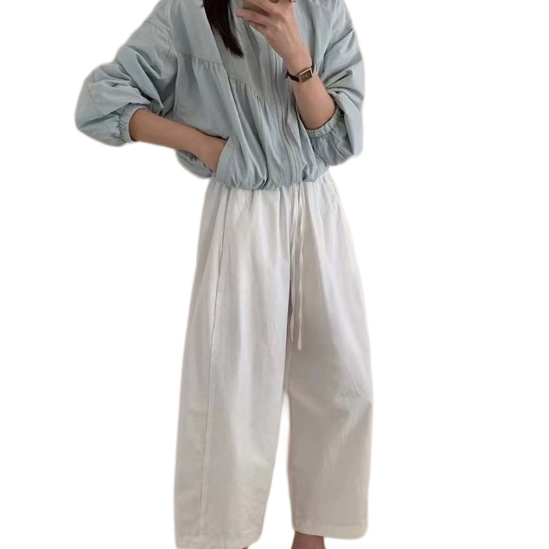 レディース ワイドパンツ 九分丈 ハイウエスト コットン 無地 カジュアルパンツ