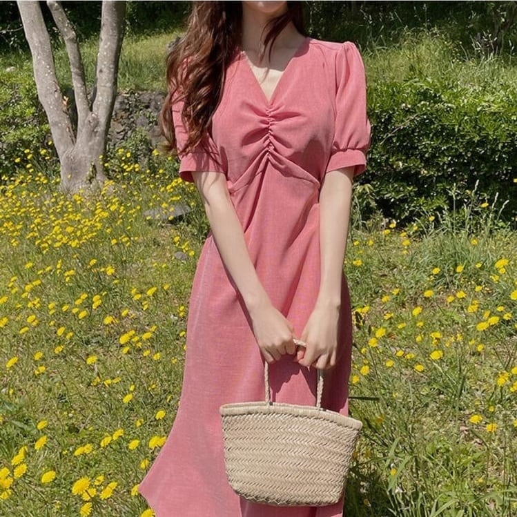 レディース ワンピース ミドル丈ワンピース ミドル丈 膝丈 袖あり 半袖 パフスリーブ Vネック