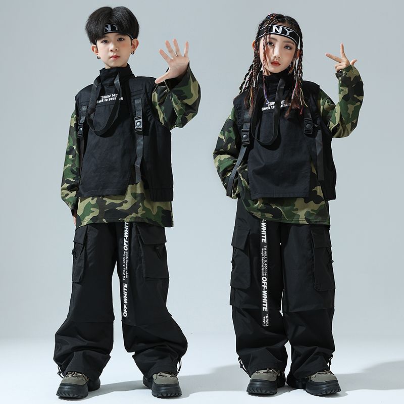 ストリートダンス少年潮服ヒップホップ迷彩tシャツ女の子ジャズダンス工装ズボンセット男の子Bboy表演出服