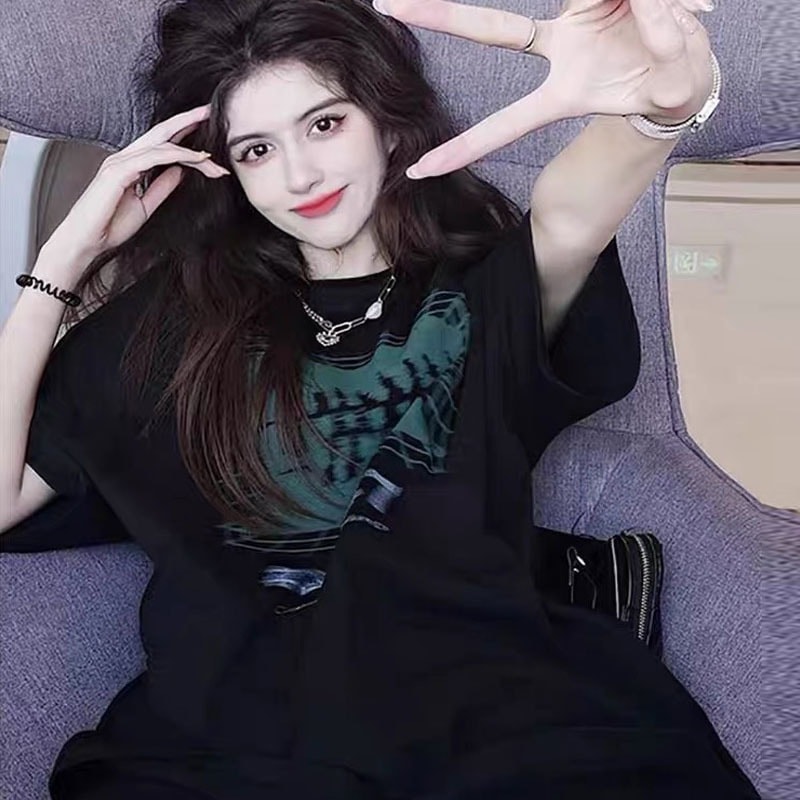 大きいサイズ トップス Tシャツ プリント 通勤 シャツ プルオーバー ゆったり ゆる 半袖 ブラック 黒 ラウンドネック 夏 ミディアム丈 S M L XL 2XL 大きめ ビッグT 袖あり 襟なし