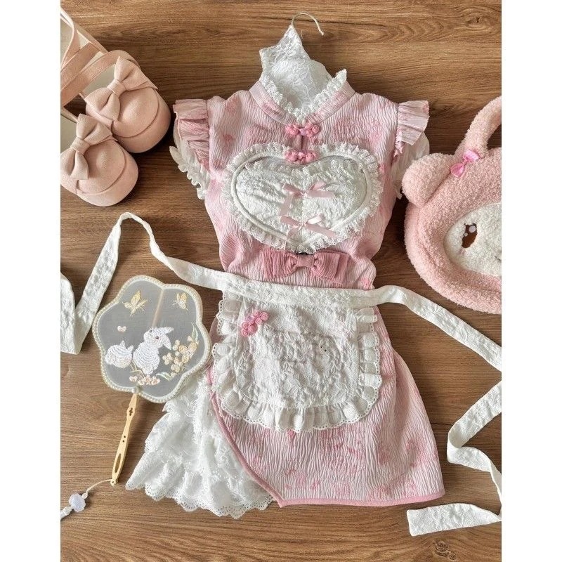 スウィートリトルコックスーツスカートメイド改良版チャイナドレスレディース夏エプロンピンクスリム2点セット