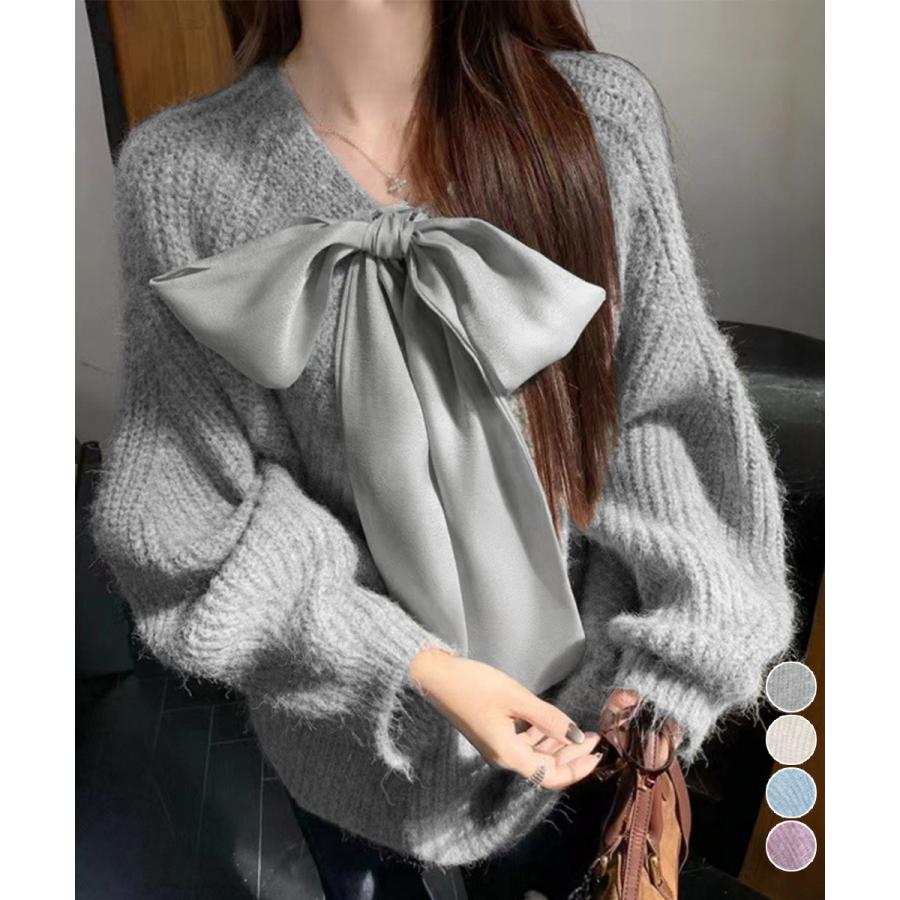 ビッグリボンタイニットプルオーバー韓国風