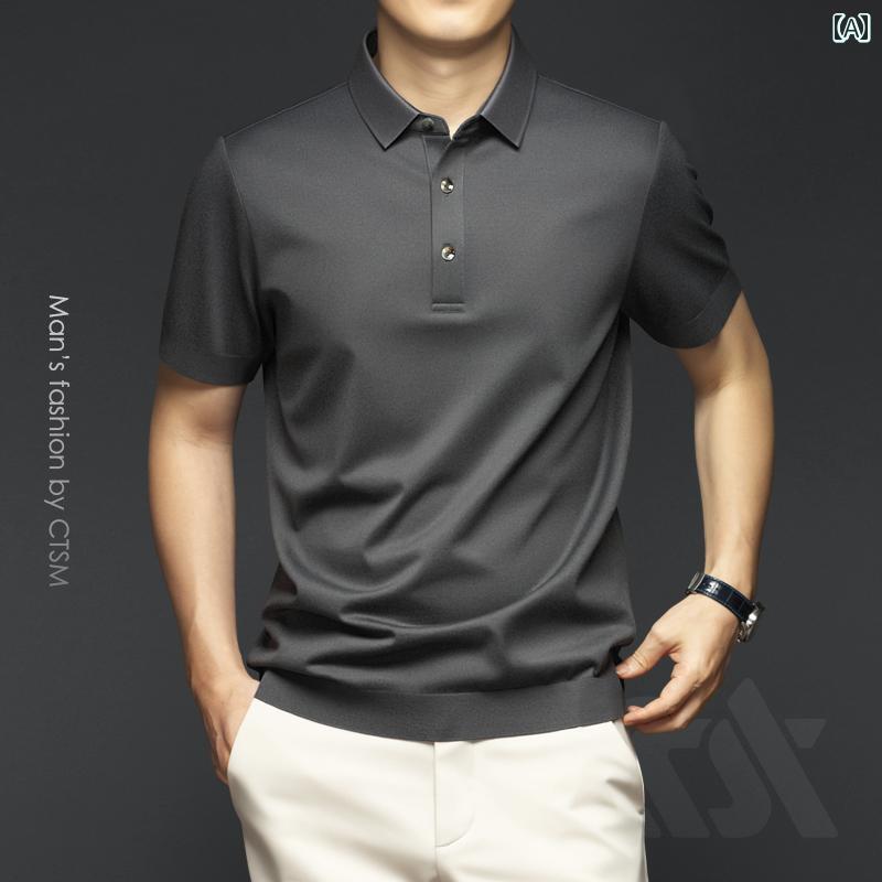 ポロシャツ ゴルフ メンズ 夏 半袖 最新 ハイエンド ソリッドカラー Tシャツ 絹光沢 ノーアイロン 抗しわ ビジネスカジュアル 通気性 シルケット コットン トップス