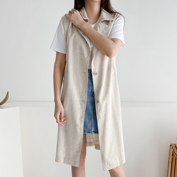 送料0円!韓国ファッション上品 魅力 テーラード リネン ベストジャケット(outer1220)