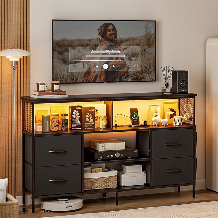 チェスト収納 タンス 棚付き 箪笥リビング収納チェスト LEDライト付き テレビボード おしゃれ 収納ケース 引き出し 大容量 布製 (ブラック, 幅140x奥行30x高さ82cm)