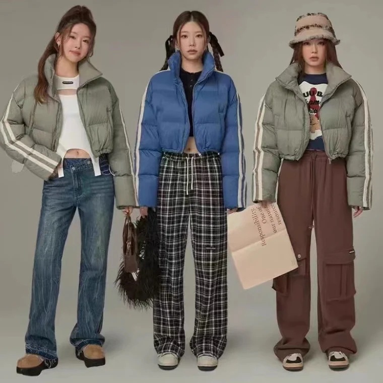 ショート エコダウン ジャケット レディース 韓国 アウター フェイクダウン 袖ライン クロップ ジャケット スタンドネック 防寒 冬