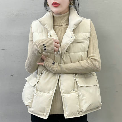 ダウン ベスト 上着 レディース ウエストマーク ポケット シンプル かわいい 大人可愛い きれいめ カジュアル おしゃれ 無地 秋 冬 ママ 学生 お出かけ ホワイト カーキー ブラック アウター