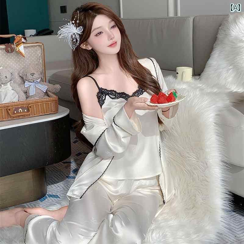 パジャマ　レディース　上下 冷感 パジャマ レディース 春秋 2025 ジャカード 高級 サテン サスペンダー スリーピーススーツ ホームウェア 夏