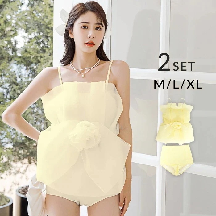 水着 レディース 体型カバー セパレート 上下セット ゴージャス 水着っぽくない水着 ファッション水着 フラワーモチーフ コサージュ ボリューミー スイムウェア レディース水着 M L XL 水着体型