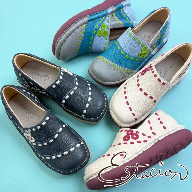 エスタシオン レディース 疲れない スリッポン 痛くない ステッチモチーフ ローヒール 本革 歩きやすい カジュアルシューズ TGE544-1 アイボリー ブルー/マルチ ネイビー 婦人靴 送料無料