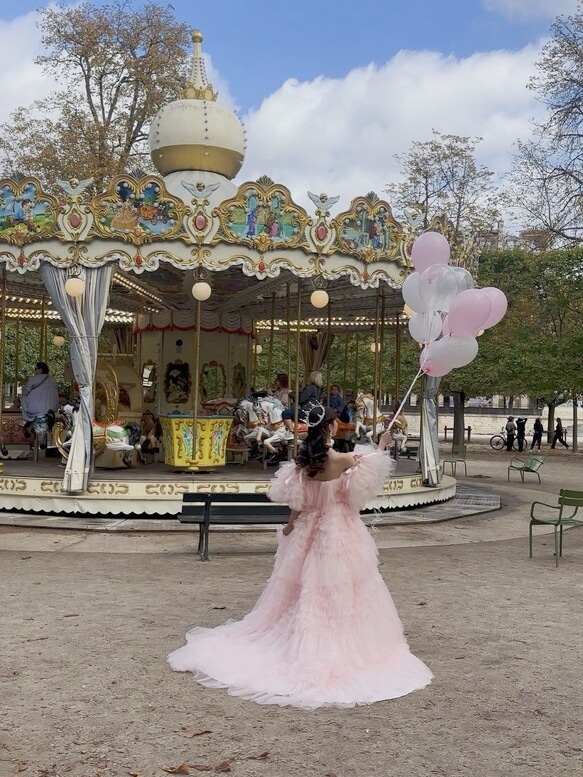 実例写真！ パフスリーブ ピンク 色直し 可愛い ソフトチュール 花嫁 前撮り