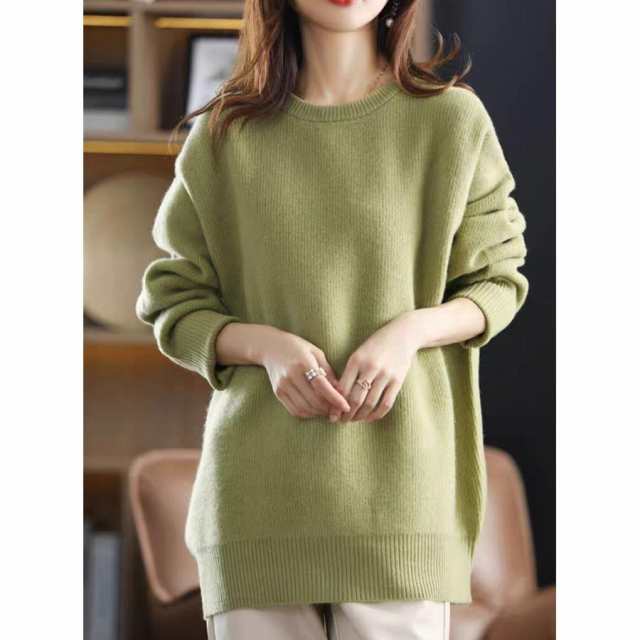 チュニック セーター レディース 長袖 秋服 秋冬 ニット 無地 丸首 プルオーバー 通学通勤 ゆったり ワイド 体型カバー イージートップス エレガント