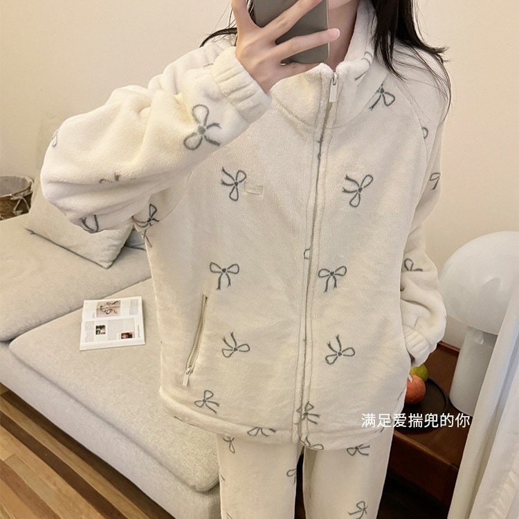 ミルクベルベットジッパーパジャマレディースリボンプリントカジュアルスーツ秋冬プラスベルベット厚みのあるゆったり暖かいホーム服
