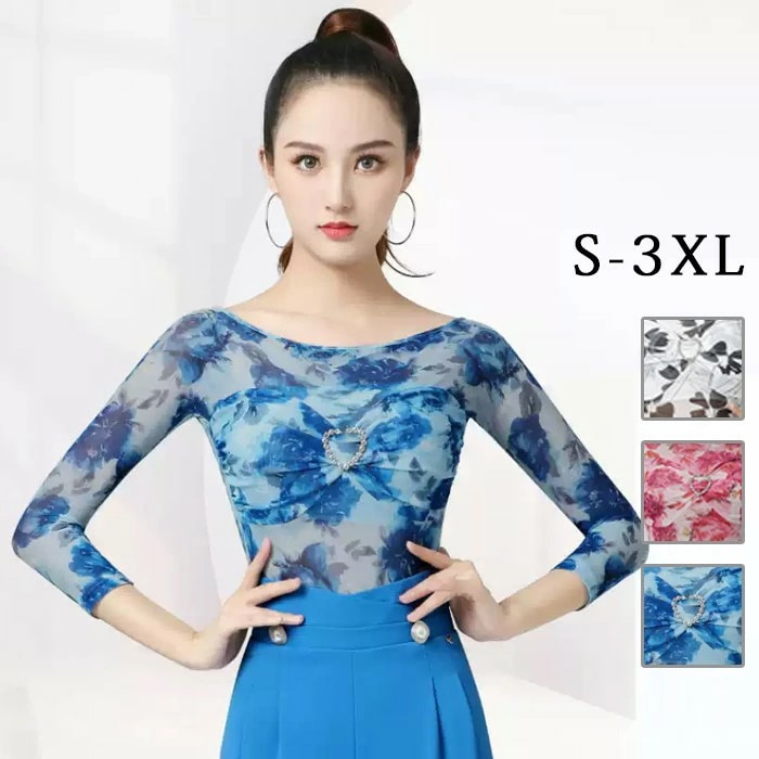 高品質 社交ダンス トップス レオタード 股下ホック 長袖 花柄 透け感 フリル 胸パッド付き ラテン モダン タンゴ サンバ ダンスウェア レディース 社交ダンス衣装 コンサート 舞台用 ステージ衣