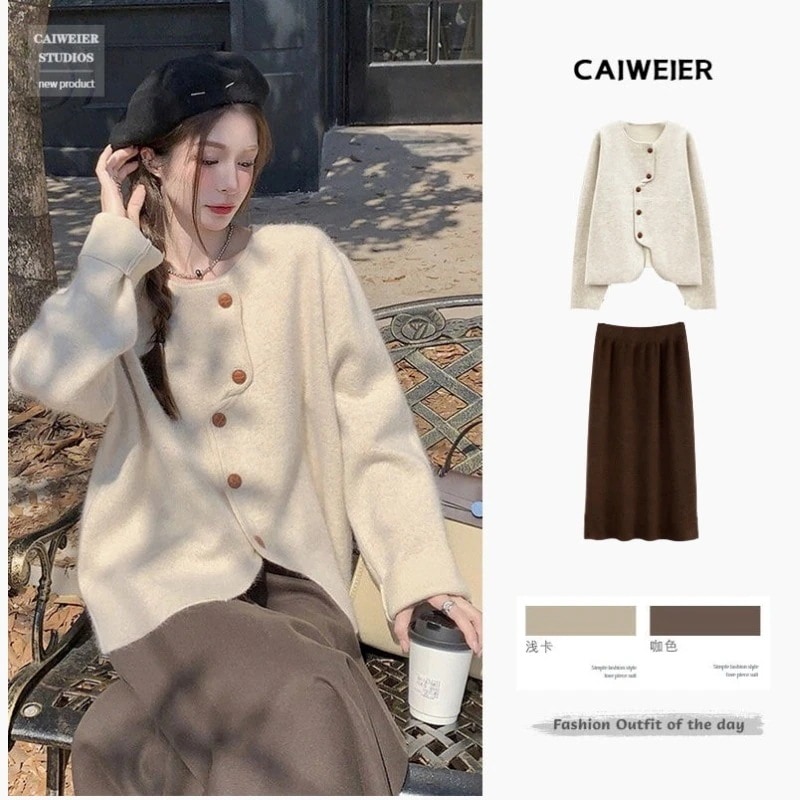 秋冬日系新作 セット 二点セット ニット セーター スカート トップス タイトスカート イレギュラーセーター 気質怠惰風 柔らかいデザイン 厚手ウォーム おしゃれゆったり百掛快適けins韓国ファッショ