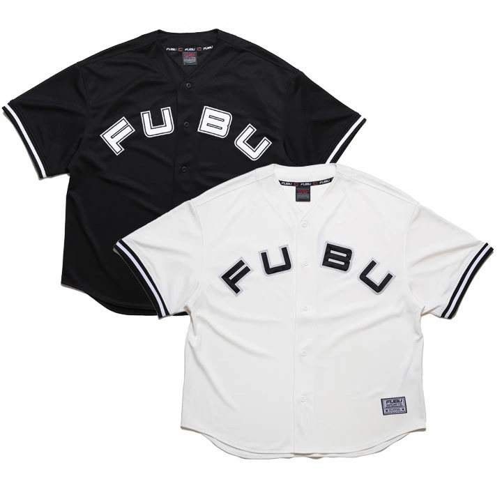 FUBU ベースボールシャツ 半袖 メッシュ ジャージ 野球 ゲームシャツ ボタン メンズ 春夏用 黒 白 大きいサイズ フブ トップス スポーツ 半袖シャツ