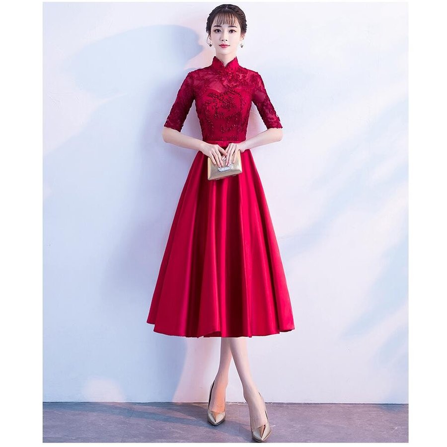 aラインワンピース カラードレス パーティードレス ミモレ丈ドレス ウエディングドレス 立ち襟 袖あ